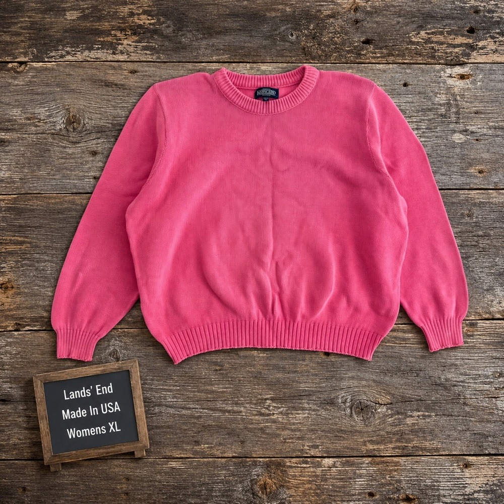 Lands End Vintage Pink Cotton Crew Neck Sweater Womens XL Made in USA